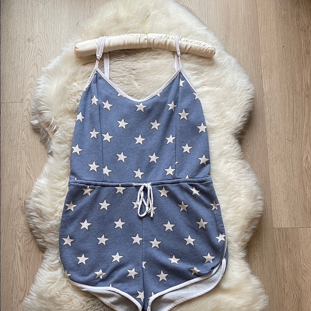 Wildfox Blue Star Print Swim Coverup Romper with White Trim